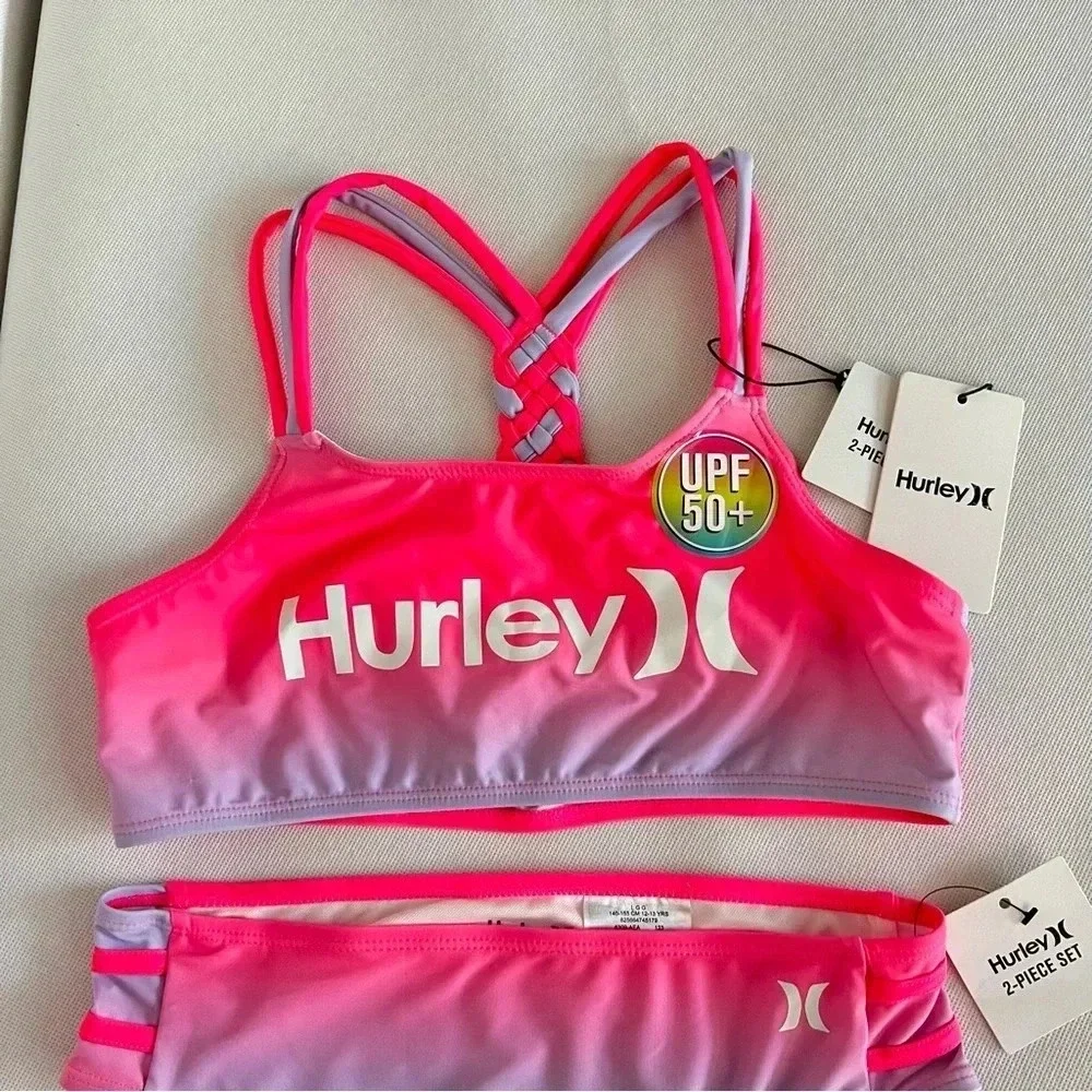 Hurley 2-Piece Bikini Swim Set Girls Pink Punch PurpleTie Dye Fully Lined Girls